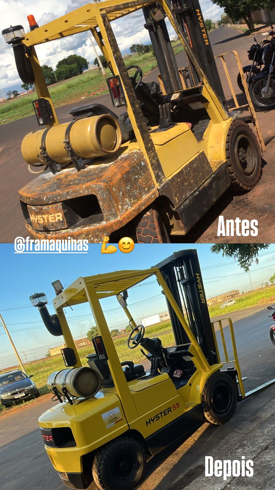 Empilhadeira Hyster antes e depois da recuperação na Framáquinas